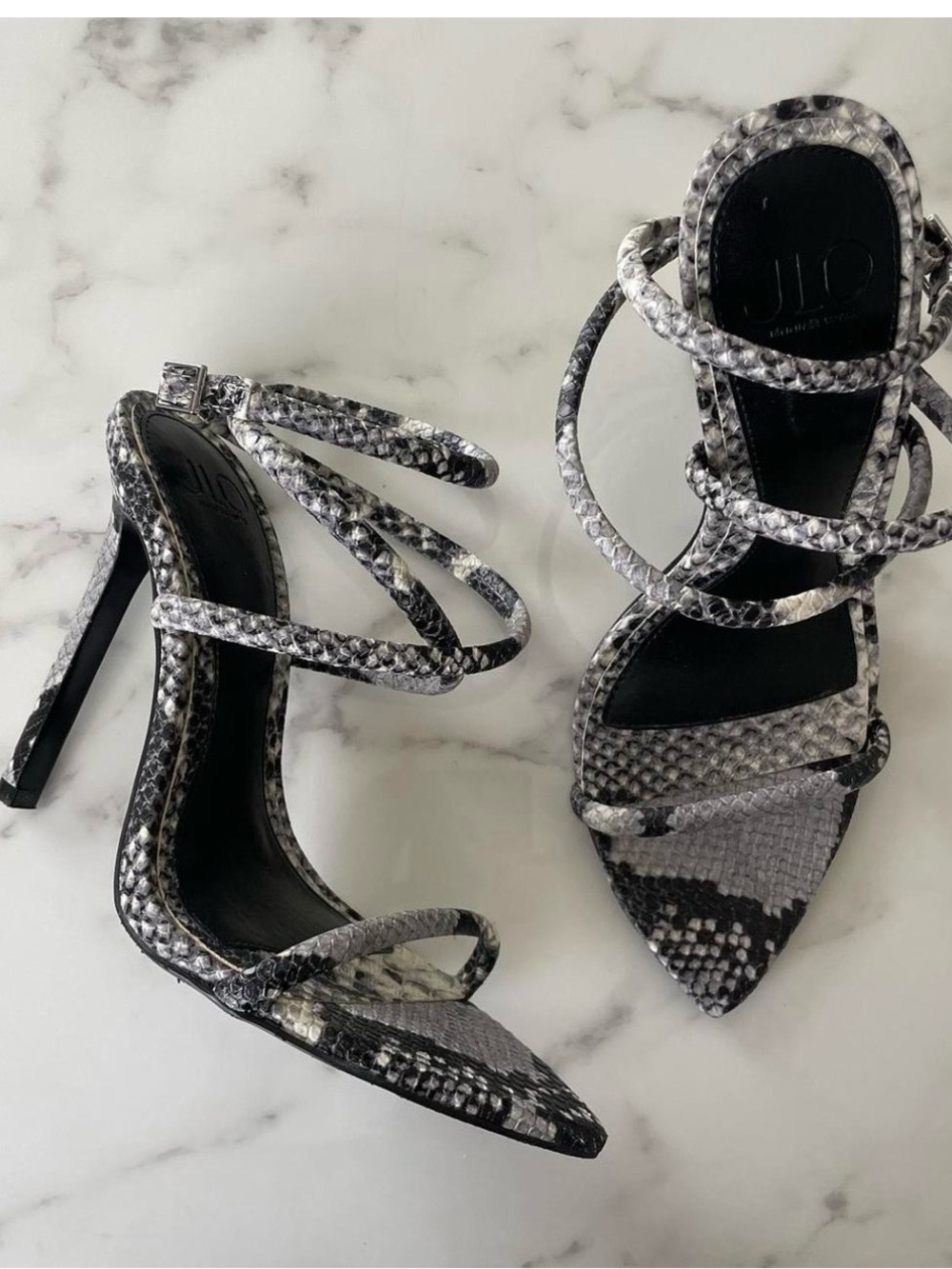 Jennifer Lopez Snake-Print Strappy Stiletto Sandal - Black & White - Picture 2 of 6